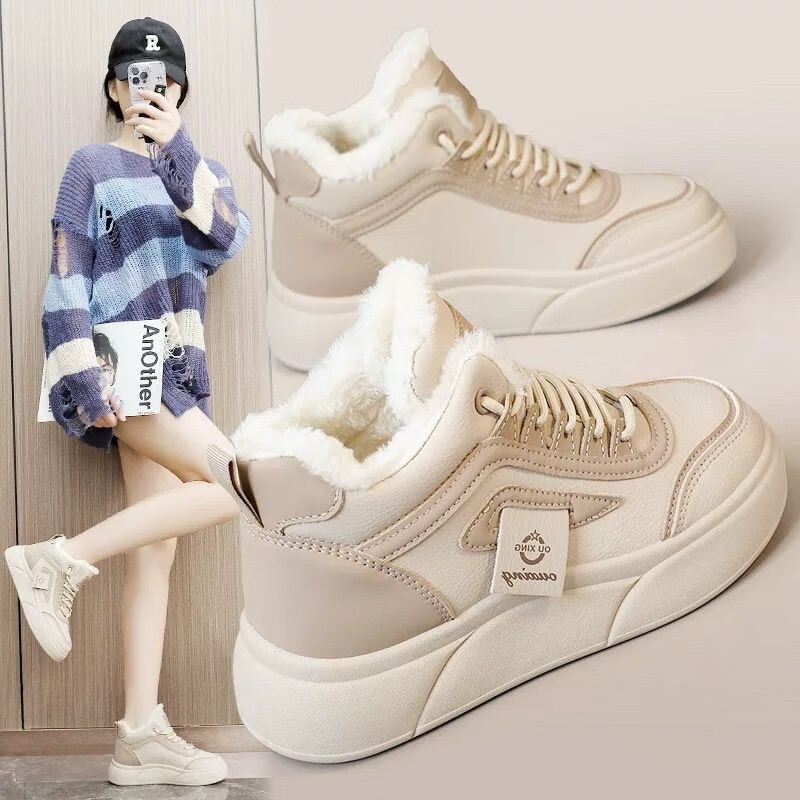 FOOTOPPO Mid-Top Thick-Soled Casual Cotton Shoes for Women with Fleece Lining, Warm Winter Fashion Comfortable Thick-Soled Sneakers for Ladies
