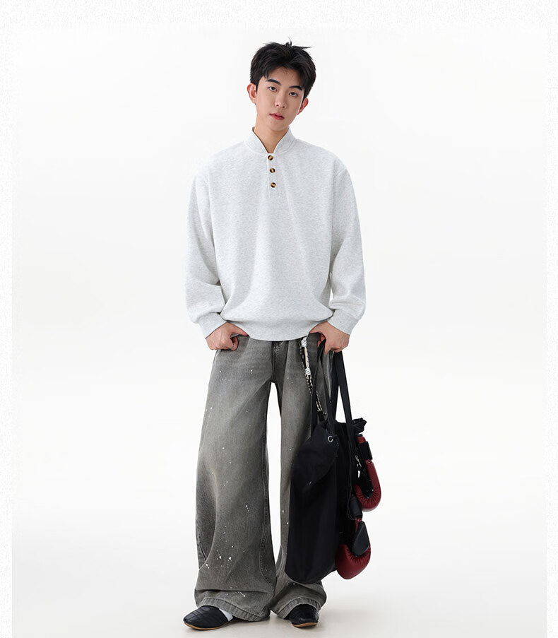 Homlean Heavyweight Henry Collar Solid Color Sweatshirt Men Autumn Fashion Casual Loose Base Shirt HQ00 Black 4XL 2