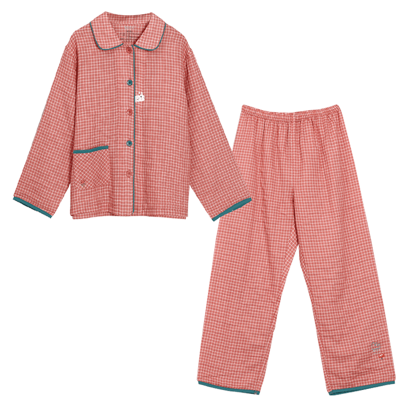 Hodohome Children's Pajamas, Girls' Double-Layer Gauze Plaid Long-Sleeve Loungewear, Girl's Lapel Cardigan Embroidered Set, 104 130