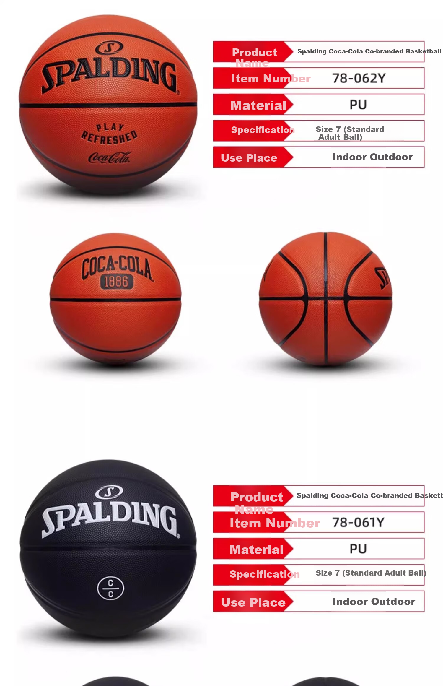 SPALDING Basketball, Coca-Cola Co-Branded No.7 PU Indoor/outdoor Standard Basketball, Red And White Color Scheme 11