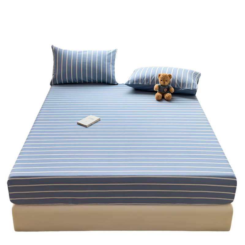 Grace A-Class 100% Cotton Washed 7A Antibacterial Fitted Sheet Breathable Mattress Protector 1.8m Bed Striped Blue