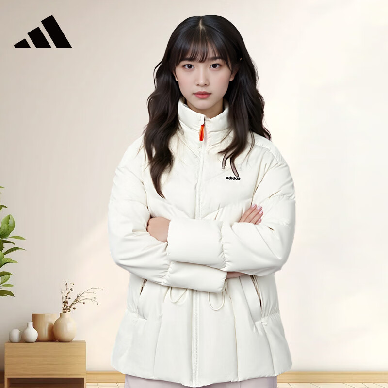 Adidas Women's Winter Stand-Collar Fashion Waist-Cinching Drawstring Casual down Jacket JL9846, Han Yu Bai, Size L
