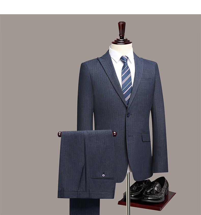 Shanshan Men's Slim Fit Business Formal Suit Set Striped Casual Groom Wedding Attire 8