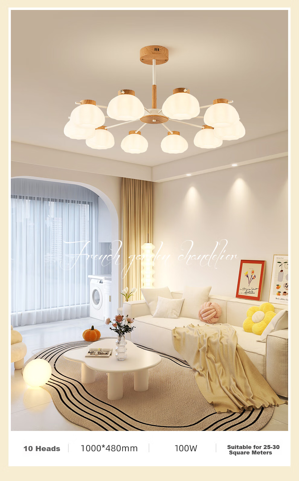 NVC NVC Simple Wood French Puff Lampshade Living Room Smart Comfortable Light 100W Pendant Light WHDD100F/G-05 14