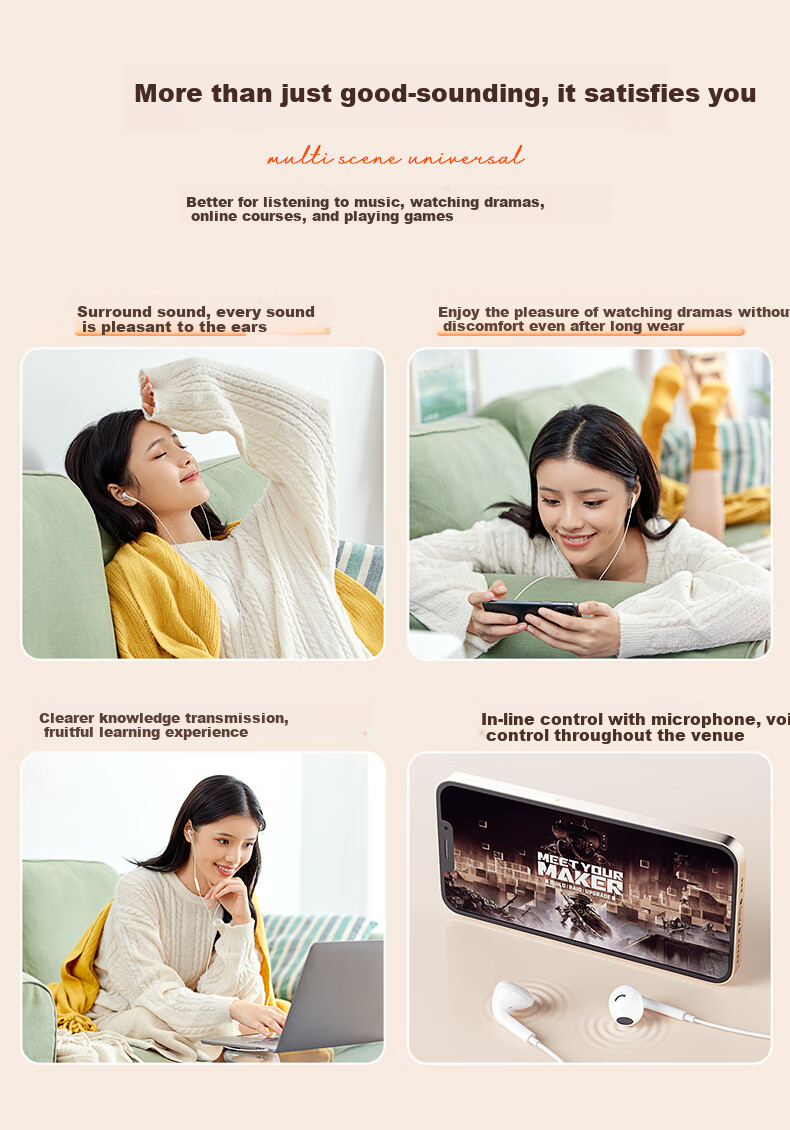 HP DHH-1112A Wired Earphones Semi-In Type-C Interface Compatible with Apple And Android, White, Level 4 And 6 11