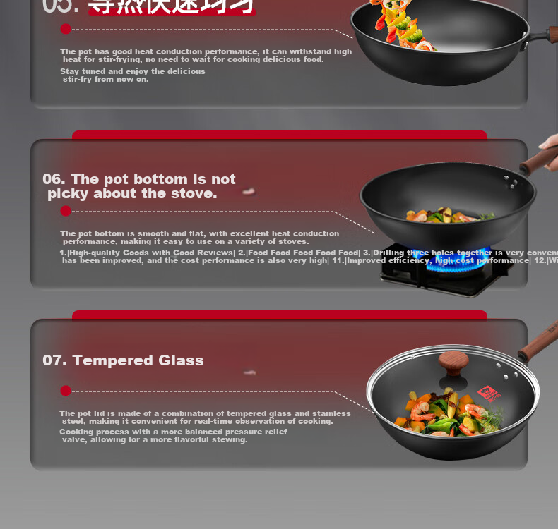 KOBACH Wok, Non-Coated Stir-Fry Cast Iron Pan, Large Capacity Flat-Bottom Cooking Pan for Home Use, Compatible with Induction And Open Flame Stoves 2