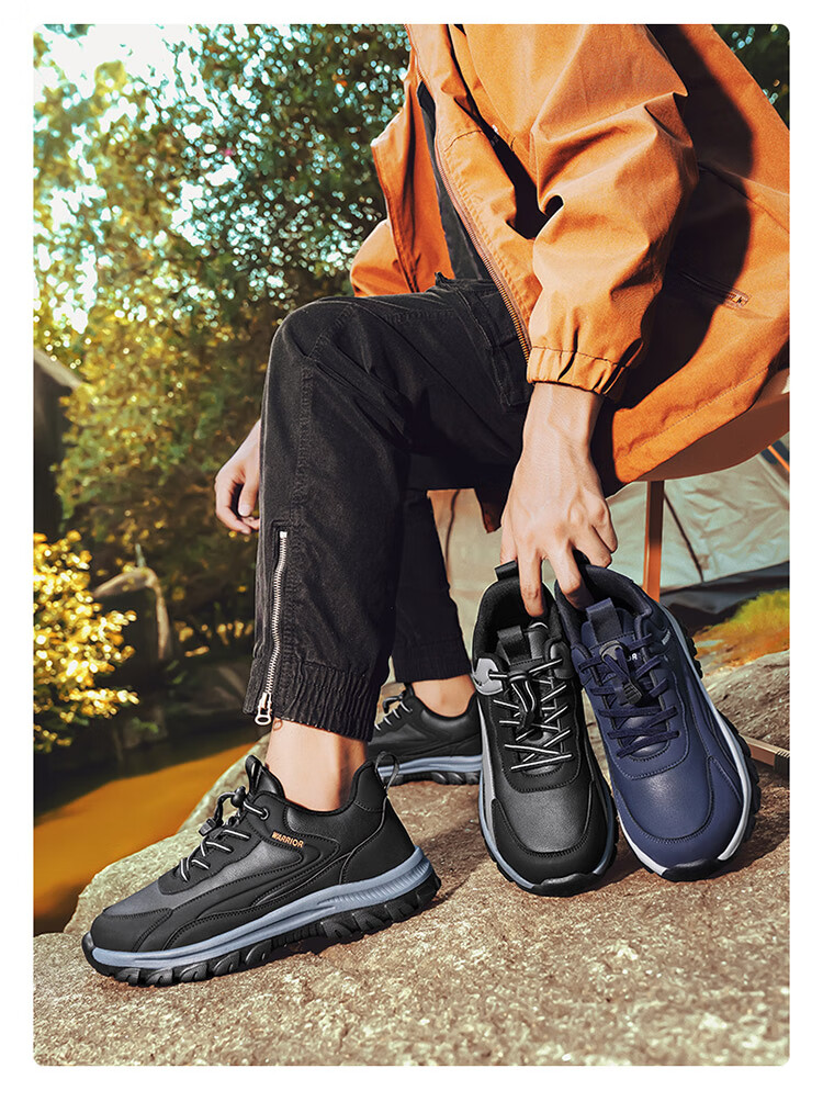 Warrior Men's Autumn Casual Sports Soft Sole Slip-On Leather Waterproof Non-Slip Walking Shoes Black Size 43 15