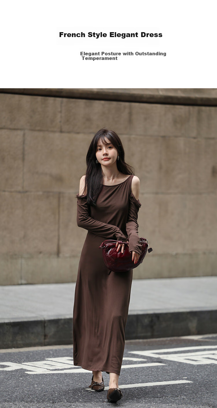 Mt [Nanfa Jingshuo] Spring French Elegant Style, Off-Shoulder Long Sleeve, High Elasticity Slim Fit Long Dress for Wome 2