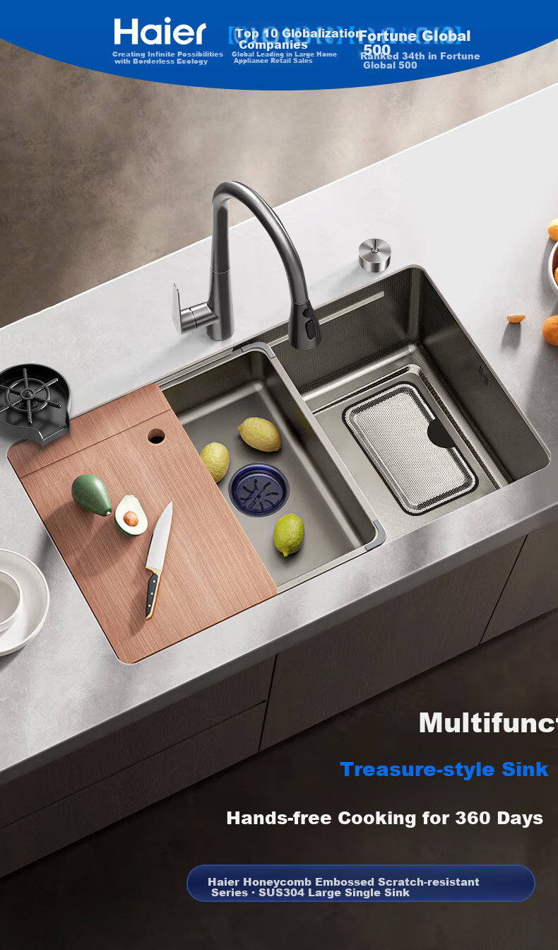 Haier Large Single Sink, Kitchen Thickened 304 Stainless Steel Vegetable Washing Basin, Integrated Hand-Washing Sink, Food Prep Sink with Strainer 1