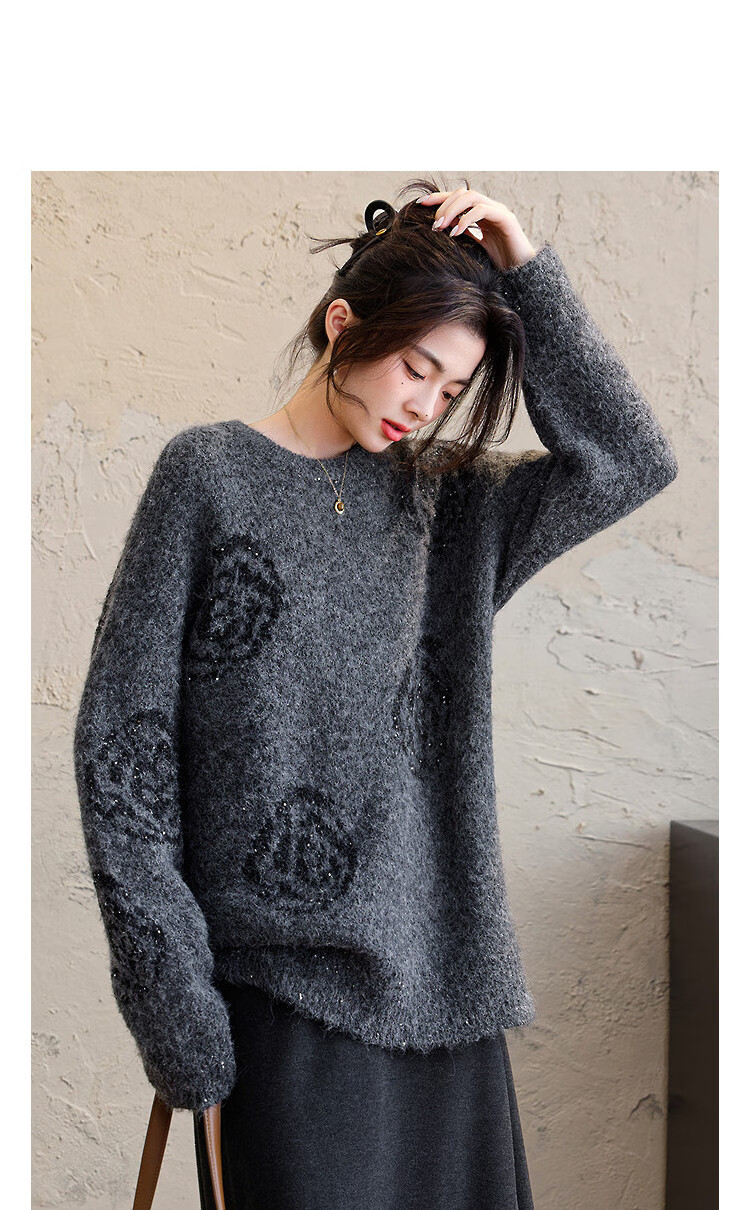Demana Autumn Sequin Rose Wool Blend Loose Fit Crew Neck Drop Shoulder Knit Sweater 2