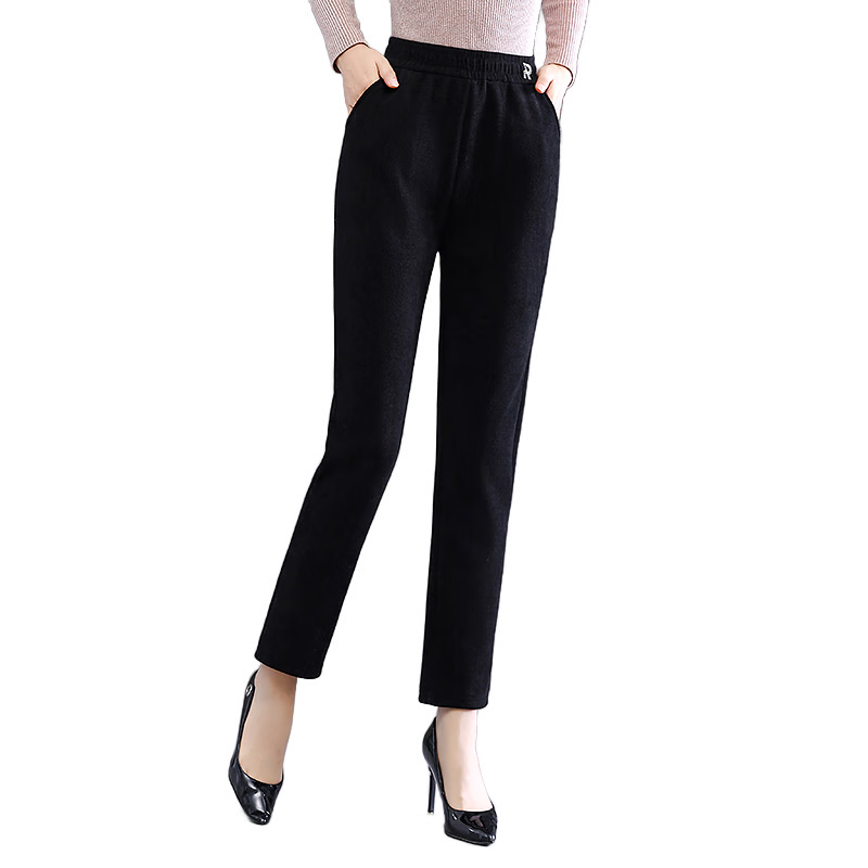 Hengyuanxiang Middle-aged Mom Winter Fleece Lined Thickened Casual High Waist Elastic Waist Straight Pants for Middle-aged and Elderly Women