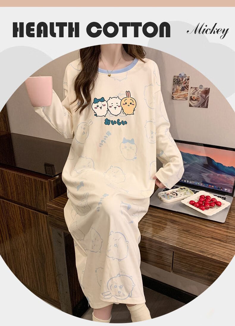 LangSha Pure Cotton Nightgown for Women, Long Sleeve Spring New Cartoon Loose Plus Size Knee-Length Sleepwear, Suitable for Outdoor Wear, Ladies' Pajamas 9