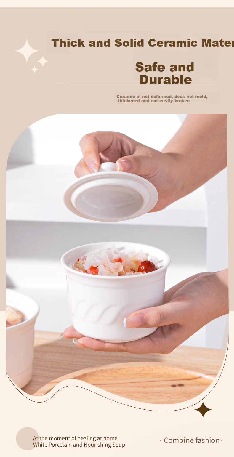 Beisesi Ceramic Bowl, Stew Pot, Small Bird's Nest Cup, Double Boiler Pot, Individual Steaming Bowl, Steamed Egg Cup with Lid, Soup Stew Pot, 200ml 5