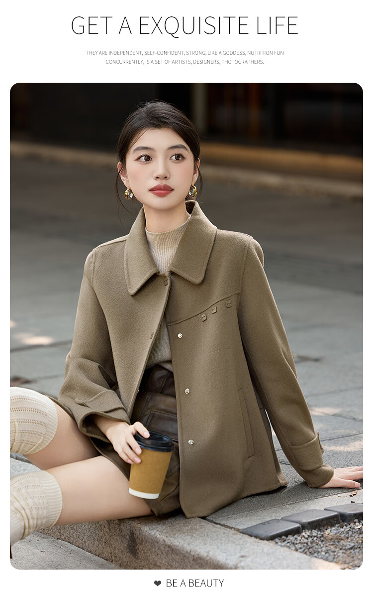 LOUISYAO Minimalist 100% Wool Short Coat 25 Winter New Fashion Slim Double-Sided Woolen Jacket Women Khaki Green M 11