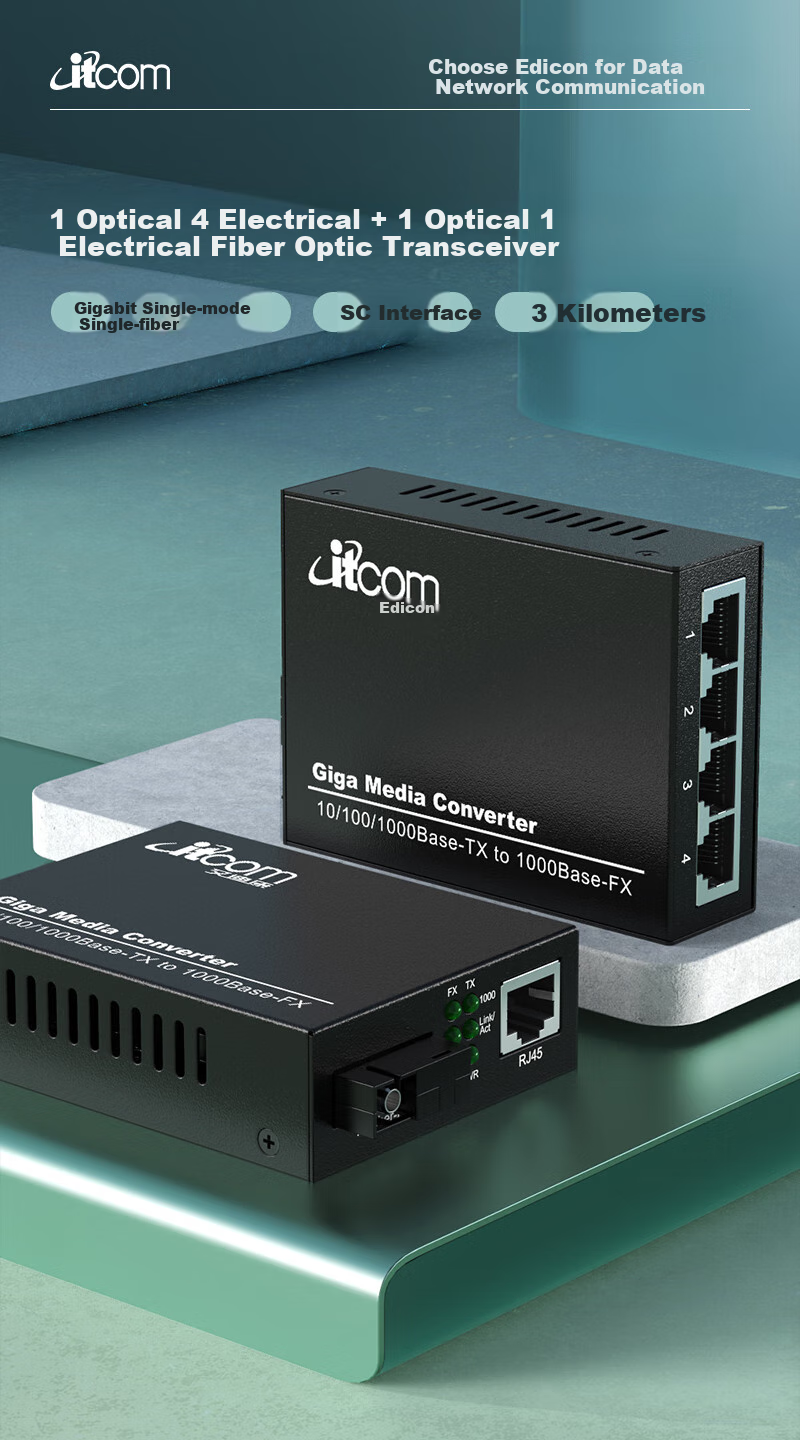 Itcom Fiber Optic Transceiver, Gigabit Single-Mode Single-Fiber 1 Optical 4 Electrical + 1 Optical 1 Electrical Optical-Electrical Converter, 0-3 Kilometers SC Interface 1 Pair, IT168-GE 1