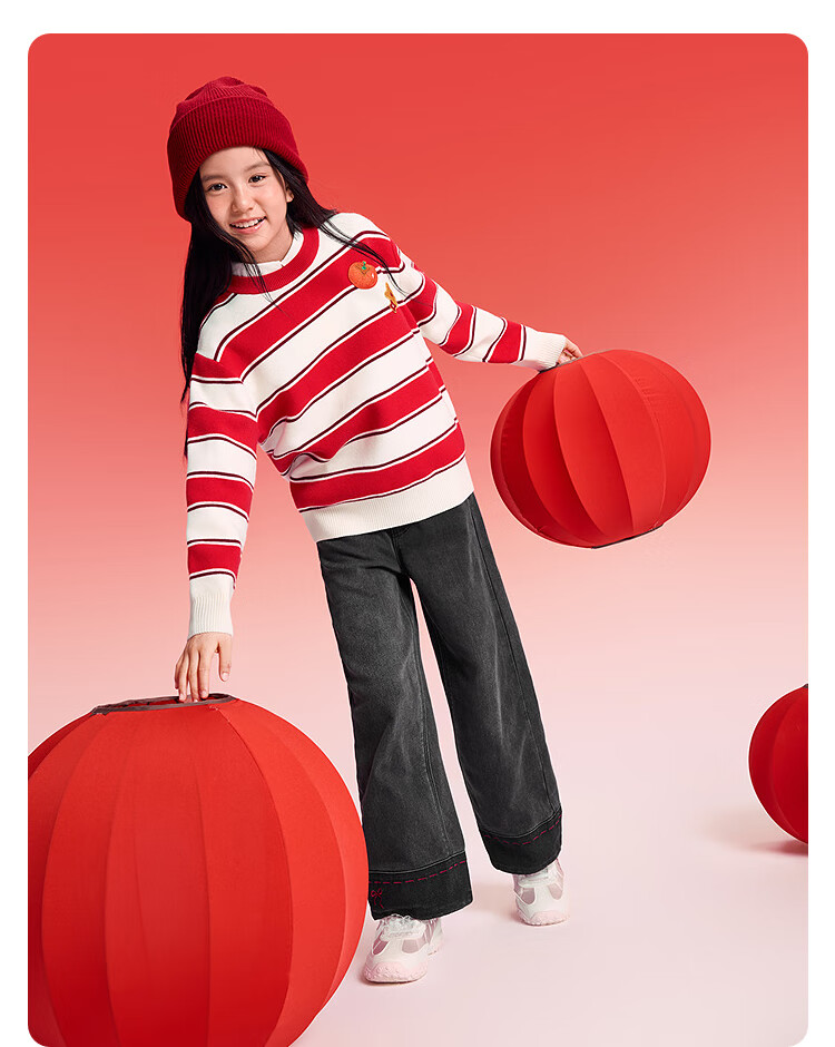 Balabala [balaOne] Kids Boys and Girls Striped Knit Sweater Red New Year Festival Autumn Winter Children's Sweater 5