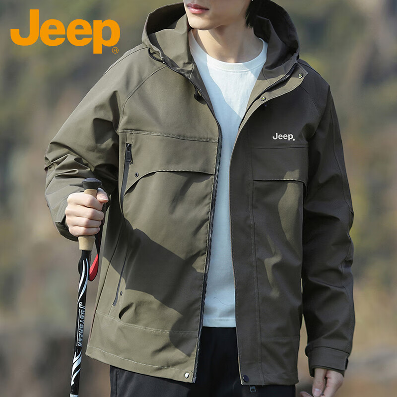 JEEP Men's Spring Casual Hooded Jacket Loose Workwear Mountain Climbing Coat Military Green 3XL