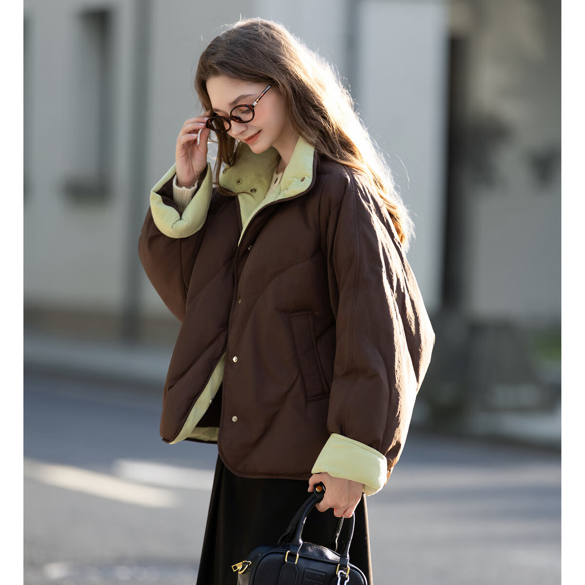 TonLion 2025 Winter Women's Colorblock Corduroy Spliced Batwing Sleeve Short Down Jacket Soft American Style Thickened Puffer Coat