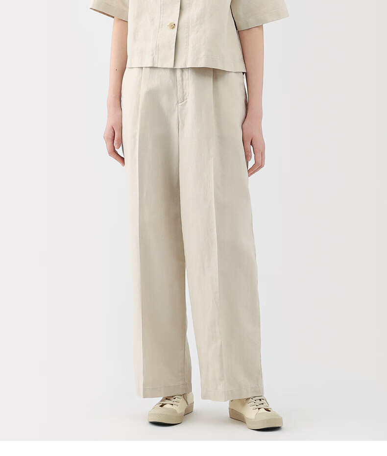 MUJI Women's Hemp Blend Twill Pleated Wide-Leg Pants Black M 1