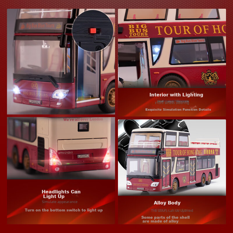 Chiyu Toys, Hong Kong Sightseeing Double-Decker Bus, Realistic Alloy Car Model, Toy Car Model, Gift for Boys 3