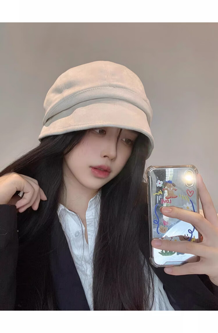 XUEXIMAN Women's Face-Slimming Fisherman Hat Autumn Winter Maternity Cap Large Head Circumference Octagonal Beret Japanese Style Small Brim Bare Face Stacked Hat 9