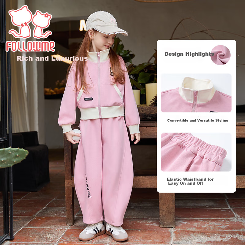 Follow Me Girls' Sweatshirt And Sweatpants Spring And Autumn Fashionable Two-Piece Set for Older Children, Pink, Size 160