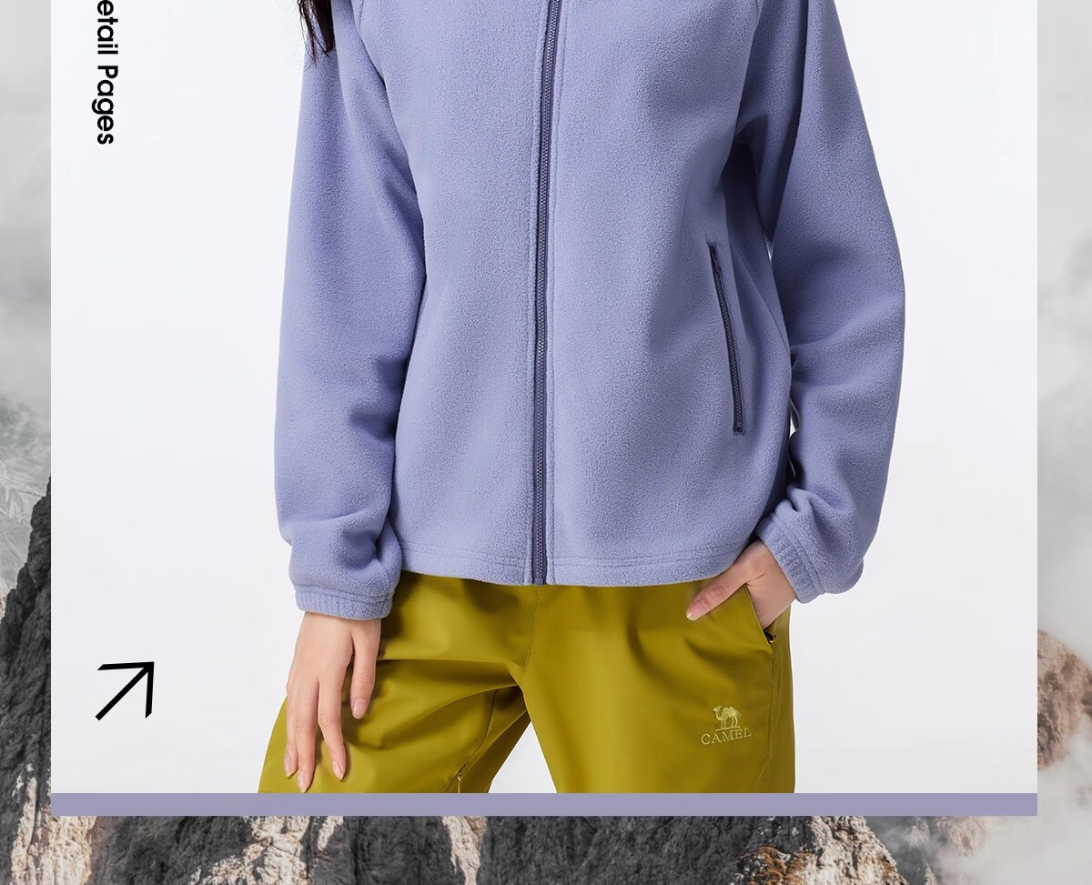 CAMEL Women's Stand Collar Fleece Jacket Double-Sided Plush Warm Anti-Static Hiking Windproof Polar Fleece Coat Men's 2