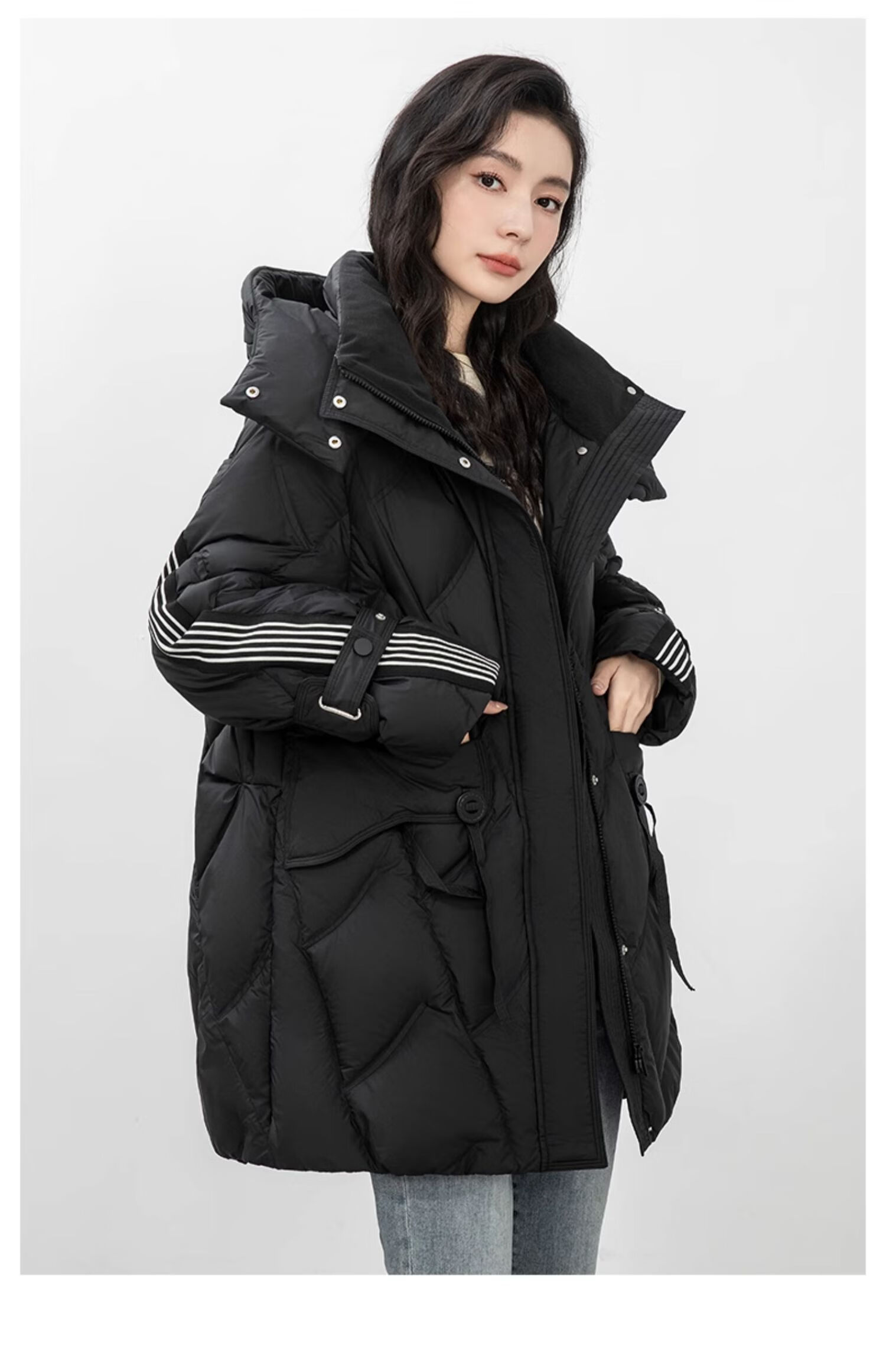 BLOOM FLOWERS Women's Down Jacket 2025 Winter Mid-Length Solid Color Striped Fashion Casual Hooded Warm Coat 29