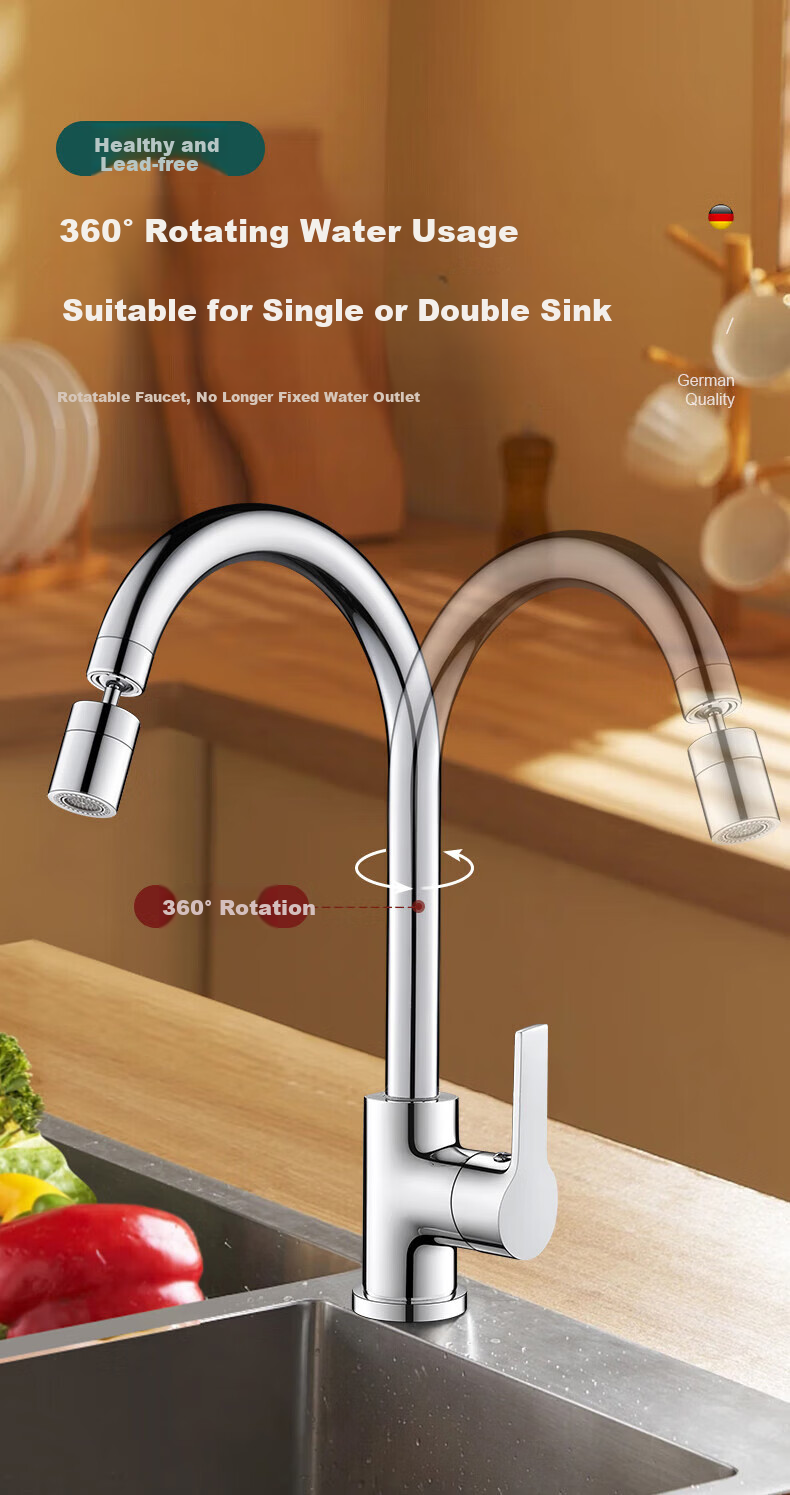 IVORPO [Germany] All-Copper Kitchen Faucet, Hot And Cold Two-In High-Throw Body, Swivel Vegetable Washing Basin Faucet, CPLT 15