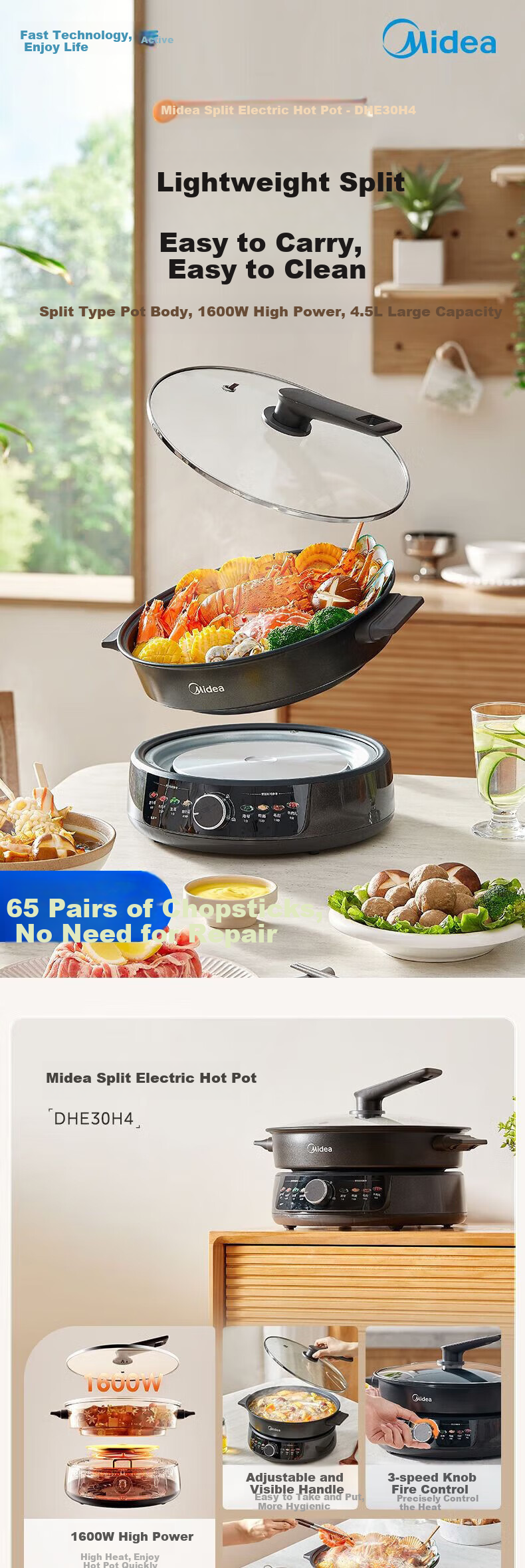 Midea Electric Hot Pot, 6L Capacity, Household Antibacterial Multi-Functional Cooker, Detachable Steamer, Deep 9CM, Suitable for Steaming, Boiling, Frying, Stir-Frying, Stewing, Braising, All-In Non-Stick Pan, Self-Operated 1