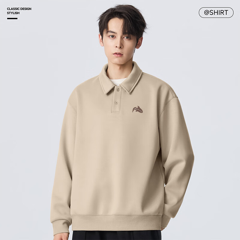 Mark Fairwhale American Heavyweight Fleece-Lined Polo Collar Casual Long Sleeve Sweatshirt Men Sand Color XL Fall/Winter 2025