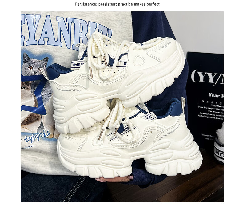 Warrior Women's Dad Sneakers 2026 Spring New Leather White Thick Sole Height Increasing Casual Sports Shoes 7
