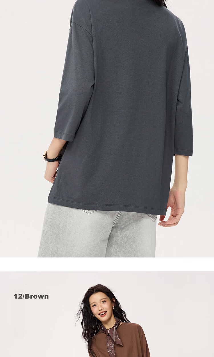 Giordano Women's T-Shirt, 2026 New Style, Pure Cotton, Short Front Long Back, Loose Fit, Round Neck, Three-Quarter Sleeve Top, 05325790 14