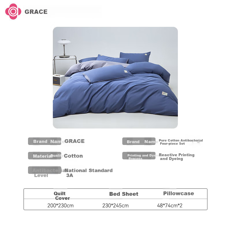 Grace Class A 7A Antibacterial Pure Cotton Xinjiang Cotton Bedding Set of Four Pieces, Duvet Cover 200*230cm, for 1.5/1.8m Bed, Royal Blue + Light Gray 13