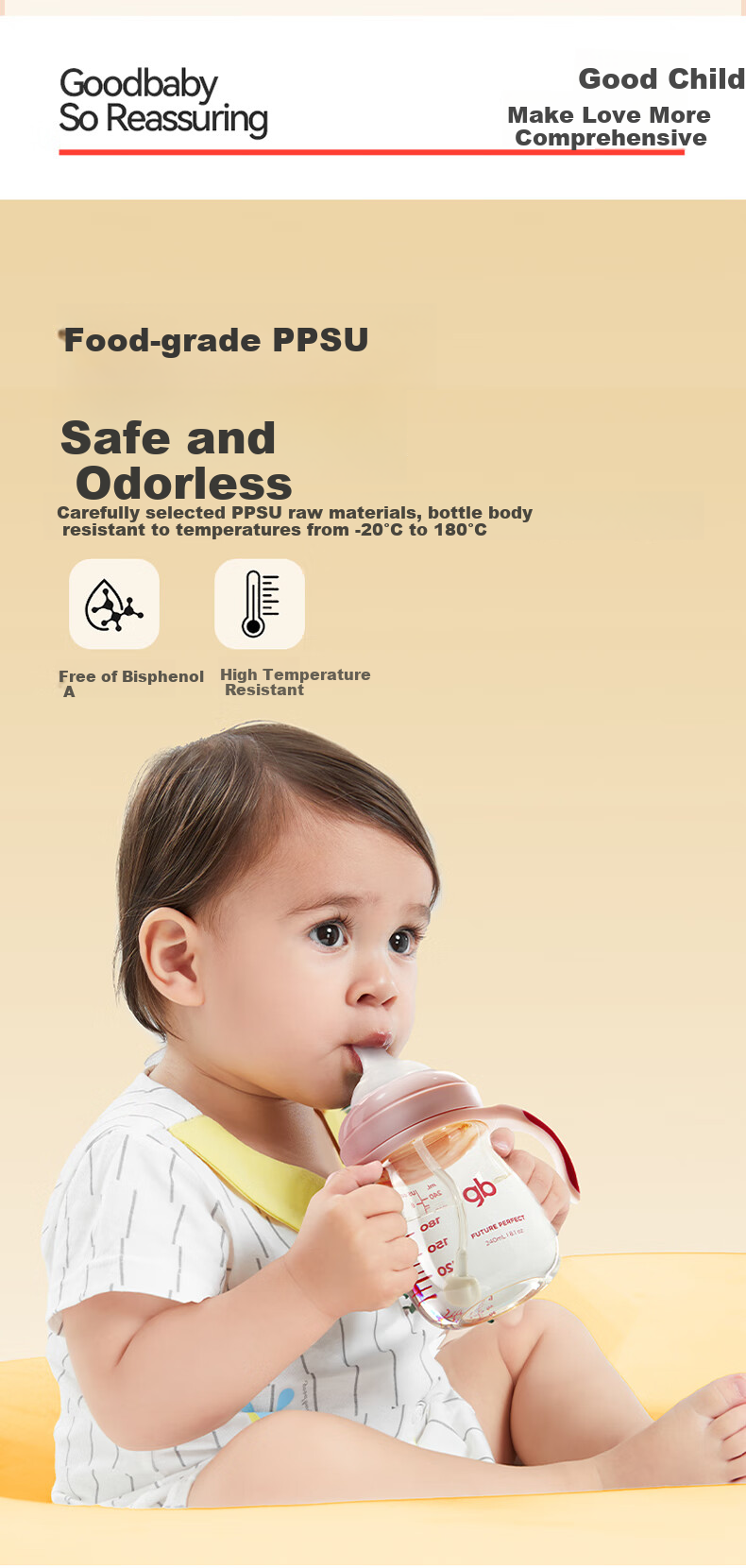 Gb PPSU Baby Bottle, Wide Mouth Bottle with Handle And Straw, Xiaohuomao Series, 300ml Blue, 6 Months+ 9