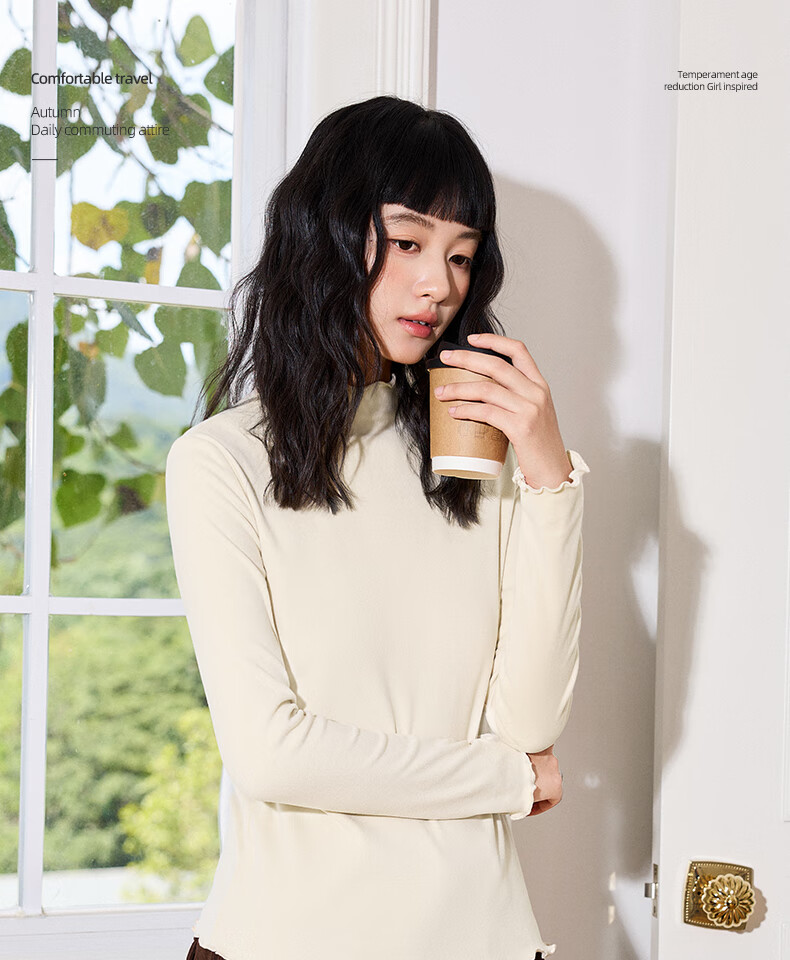 Urban Beauty Ruffled Edge Long Sleeve T-Shirt Women 2025 New Winter Fleece Lined Warm High Neck Base Layer Top 1