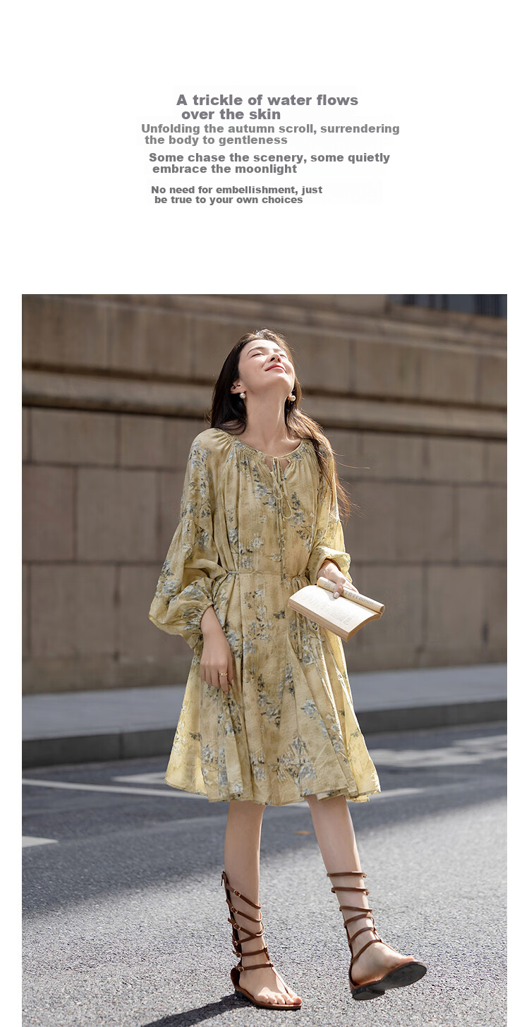 Dme [Chengye Manlv] Spring And Autumn Romantic Drawstring V-Neck Printed Lantern Sleeve Loose Waist Bag Buckle Women's Dress 2