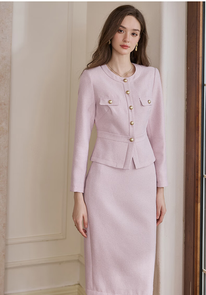 ROEYSHOUSE Premium Little Chanel Style Slim Fit Short Jacket + Skirt Two-Piece Set 09299 Pink M 8