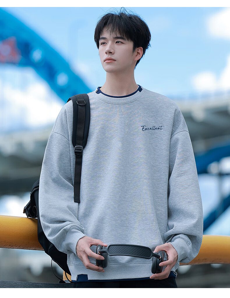 Huili Men's Sweatshirt, Autumn Simple Letter Print Long-Sleeve T-Shirt, Loose-Fitting Top, Round Neck Undershirt, Floral Gray, XL 10