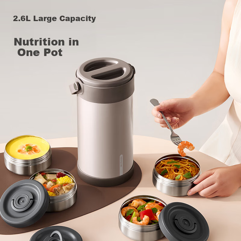 Joyoung Insulated Food Container 2.6L Large Capacity Vacuum Insulation Pot Multi-Layer Thermal Cooker Portable Lunch Box WR570 (Brown)