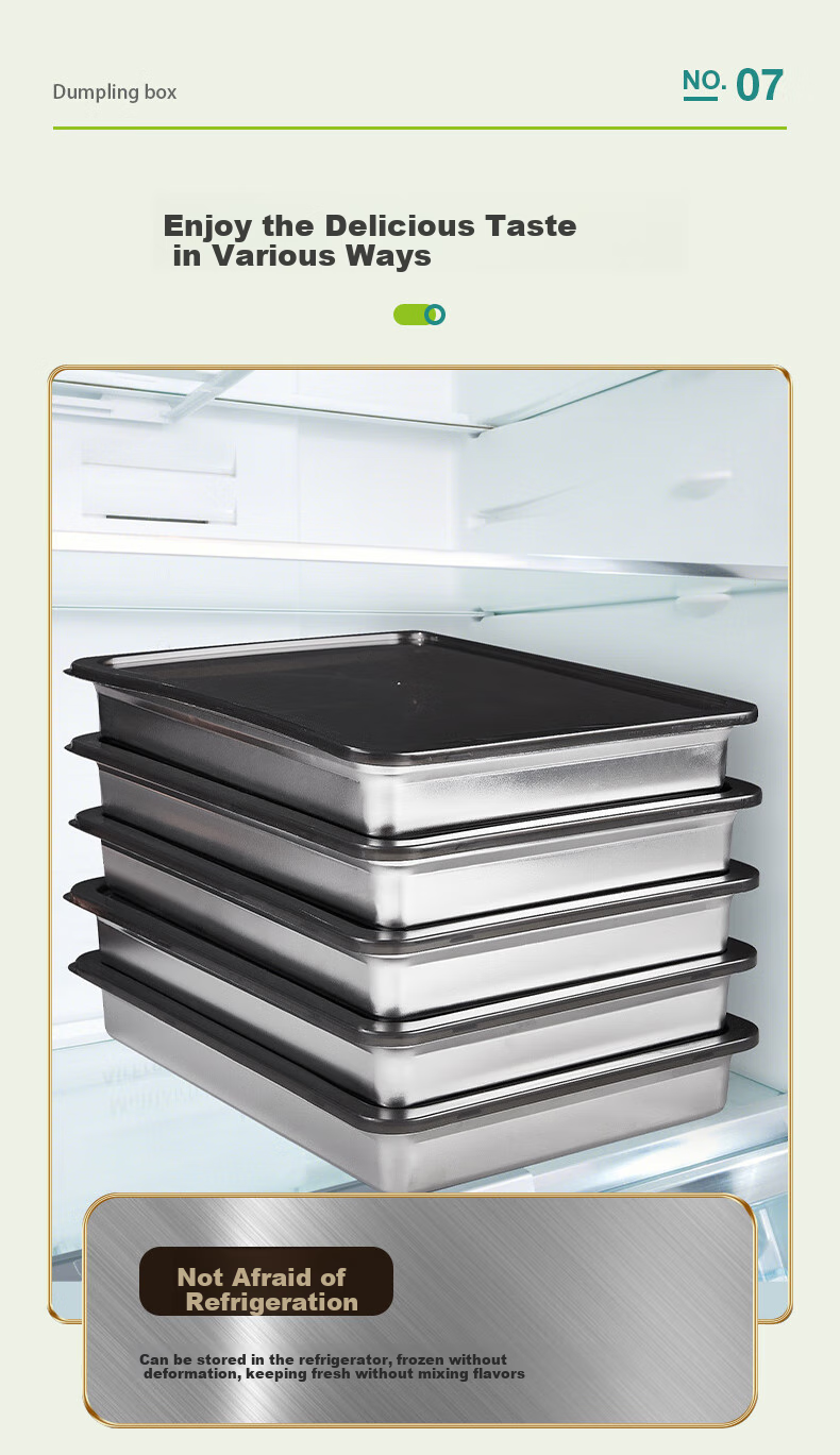 AOmeiyou 304 Stainless Steel Dumpling Box, Home Refrigerator-Specific Frozen Storage Container, Meal Prep Tray for Wonton, 1 Layer with 1 Lid 8