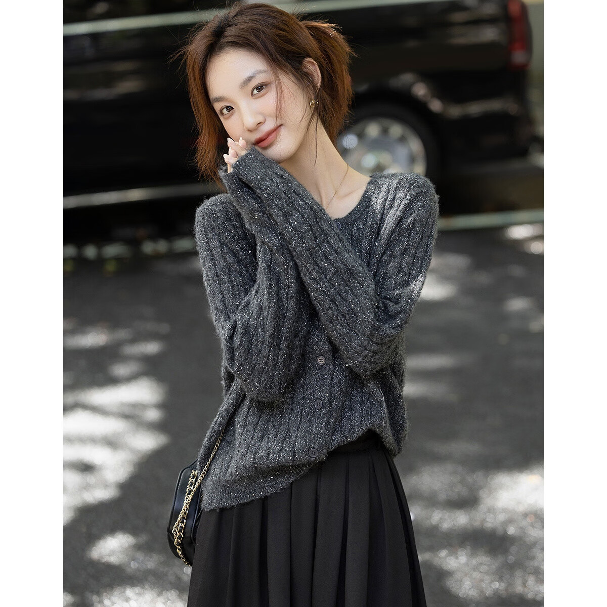 Demana Autumn Crew Neck Cable Knit Sequin Sweater Loose Fit Petite Wool Blend Top