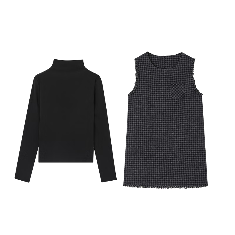 Demana [Elegant Quiet Set] Winter Wool Blend Plaid Tassel Pocket Straight Cut Women's Vest Dress Two-Piece Set