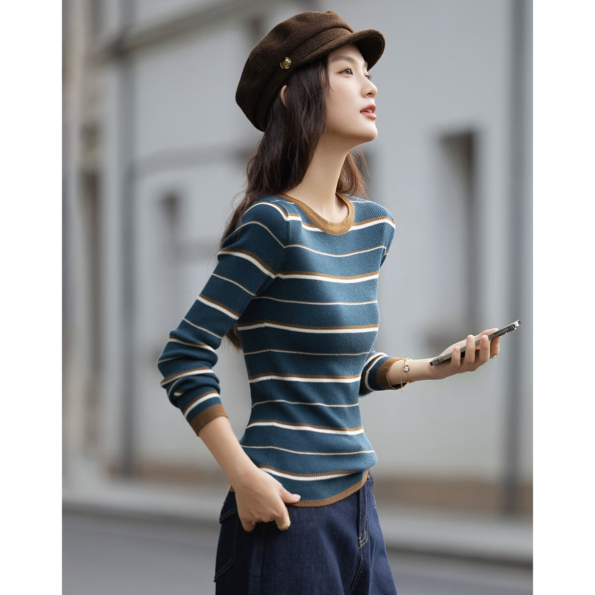 Demana Vintage Colorblock Striped Ribbed Jacquard Slim Knit Sweater with Soft Merino Wool for Autumn Women