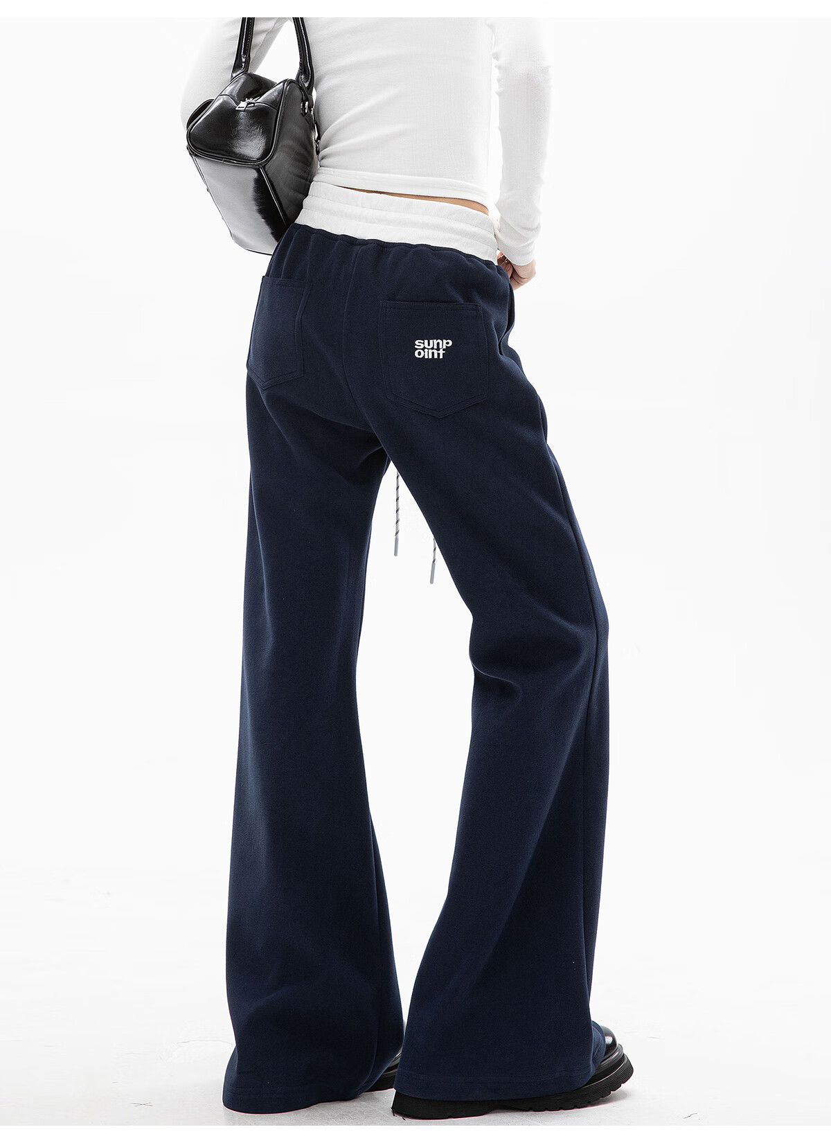 ICH MODE Women's American Style Flared Sports Pants Autumn Winter Straight Wide-Leg Casual Sweatpants BF Lazy Style Navy Blue S 13