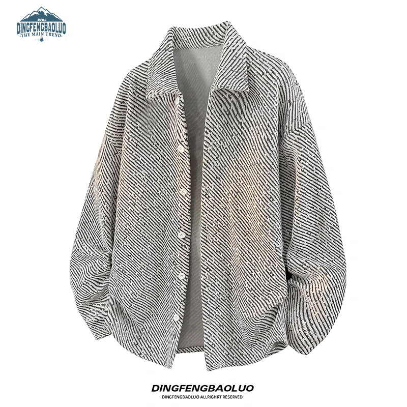 Dingfengbaoluo American Style Casual Men's Jacket Autumn Trendy Textured Loose Cardigan Long Sleeve Coat XCH65 White Gray 3XL