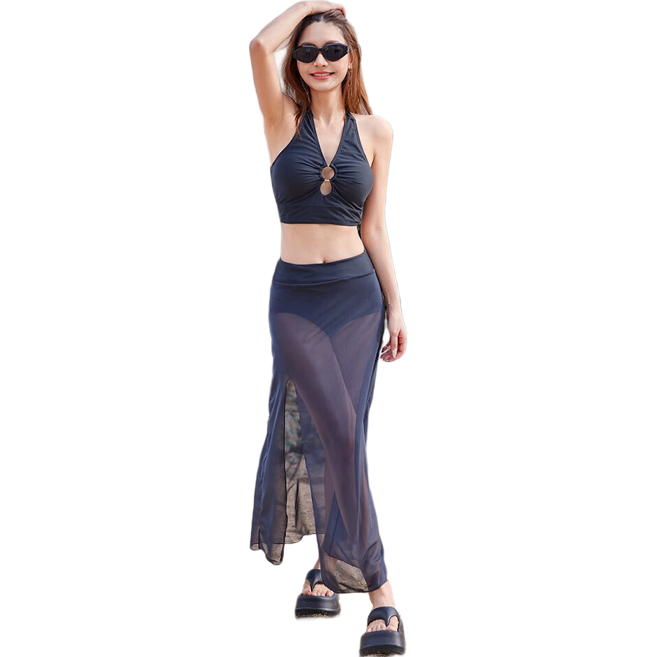 DK Women's New High-End Sexy Two-Piece Swimsuit with Long Skirt, High-Waisted Bikini, Hot Spring Vacation Three-Piece Set Swimwear