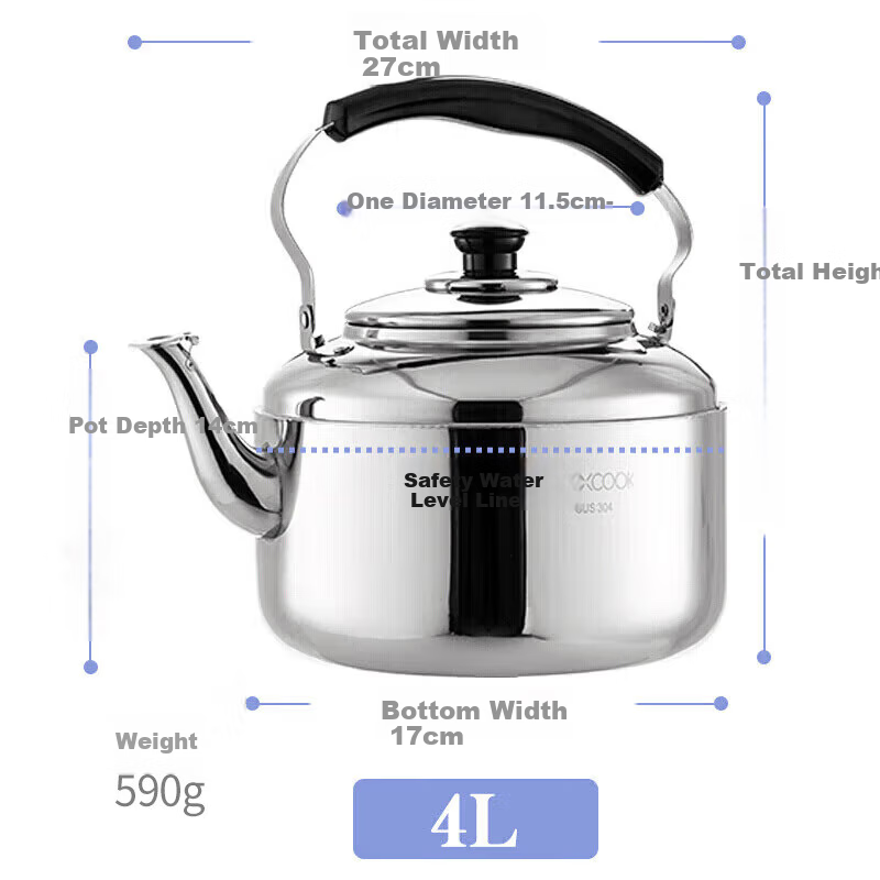 MAXCOOK Whistling Kettle, Thickened 304 Stainless Steel 4-Liter Chinese-Style Whistle Pot, Compatible with Gas And Induction Stoves, MCH942