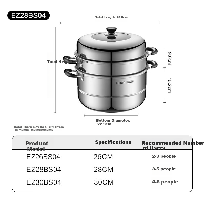 Пароварка SUPOR EZ28BS04, нержавеющая сталь, 28 см, двойная, с приподнятой крышкой