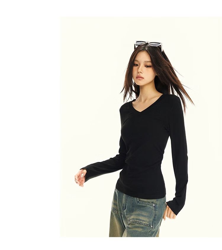 La Chapelle Black V-Neck Long Sleeve Slim Fit T-Shirt for Women 2025 Autumn Winter New Black XL 8